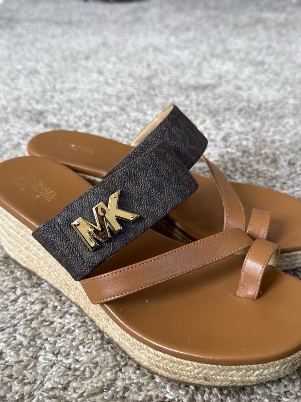 Michael Kors Tan & Dark Brown Logo Wedge Sandals
